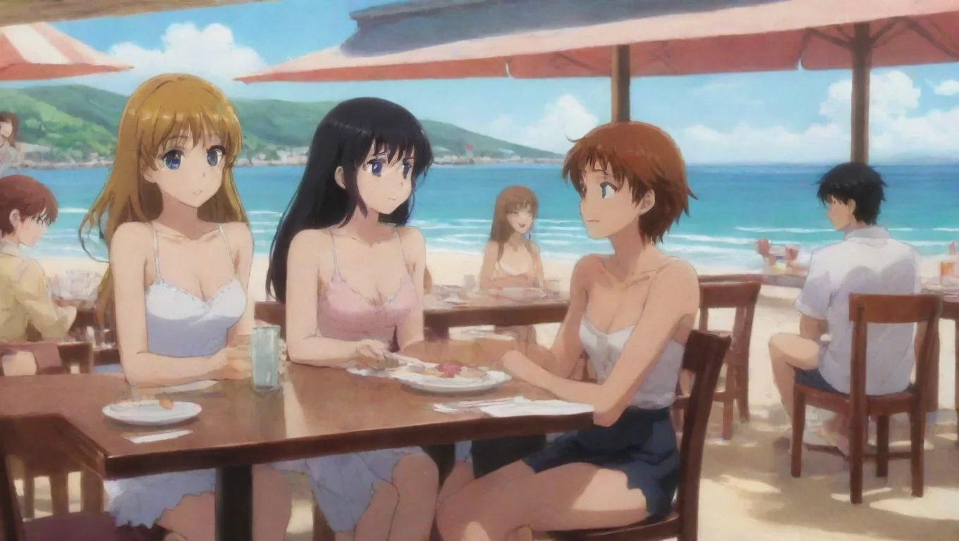 aiamazing women and men anime in a restaurant by the beach awesome portrait 2 widescreen