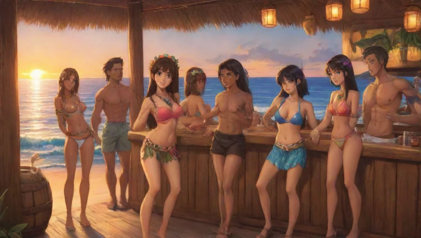 aiamazing women and men anime in a tiki bar by the beach at sunset awesome portrait 2 widescreen