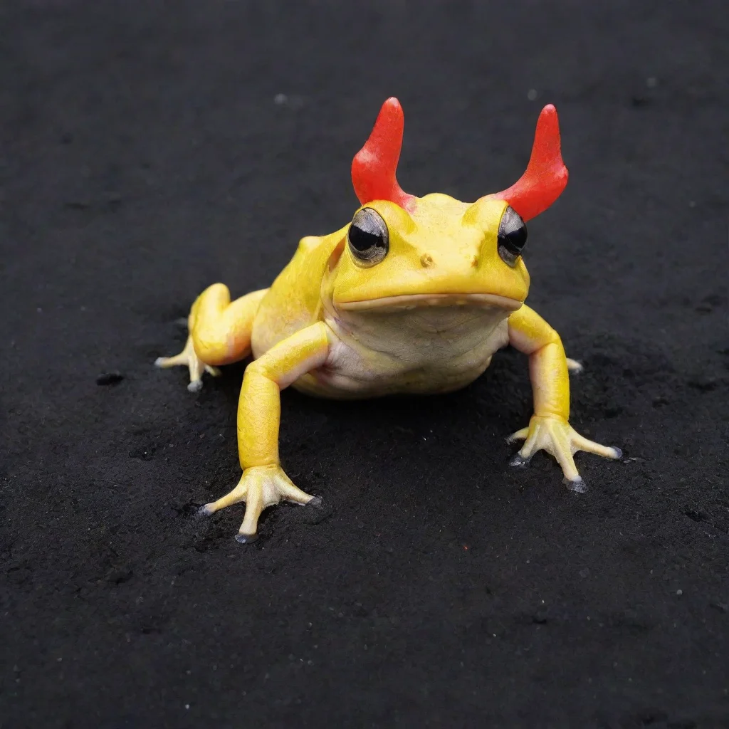 aiamazing yellow frog with devil horns on black sand awesome portrait 2