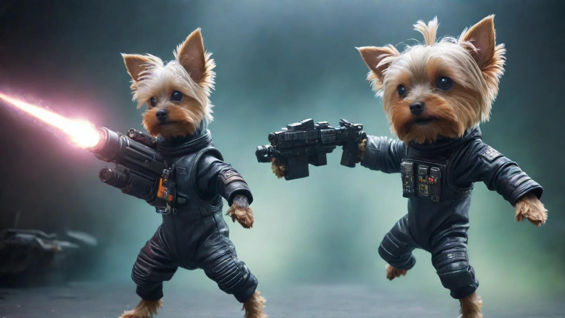 aiamazing yorkshire terrier in a cyberpunk space suit firing at aliens awesome portrait 2 wide
