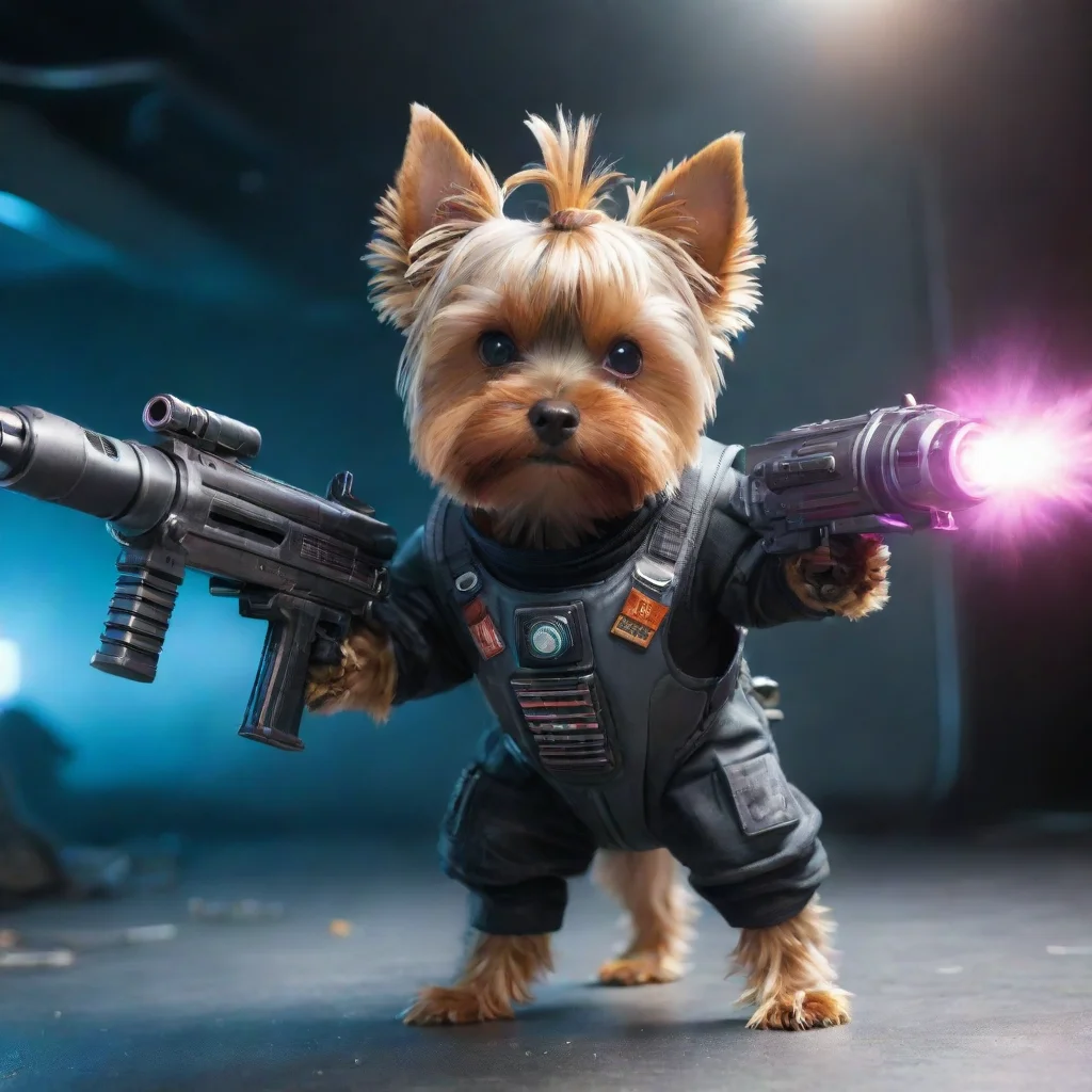 aiamazing yorkshire terrier in a cyberpunk space suit firing big weapon awesome portrait 2