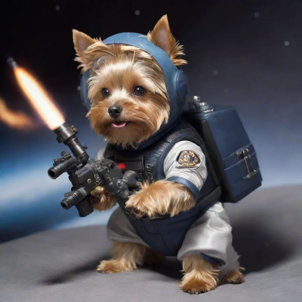 amazing yorkshire terrier in a space suit firing a machine gun awesome portrait 2
