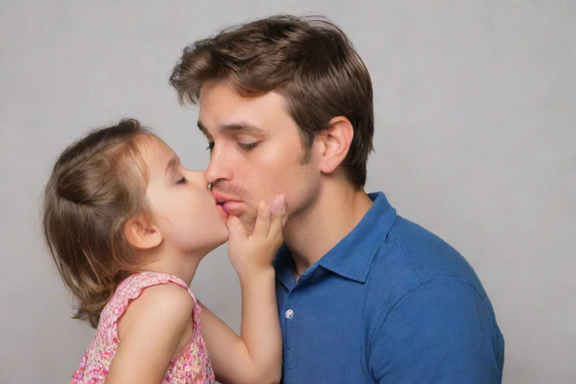 aiamazing young adult male kisses very young little girl. he touches her chest.  awesome portrait 2 landscape