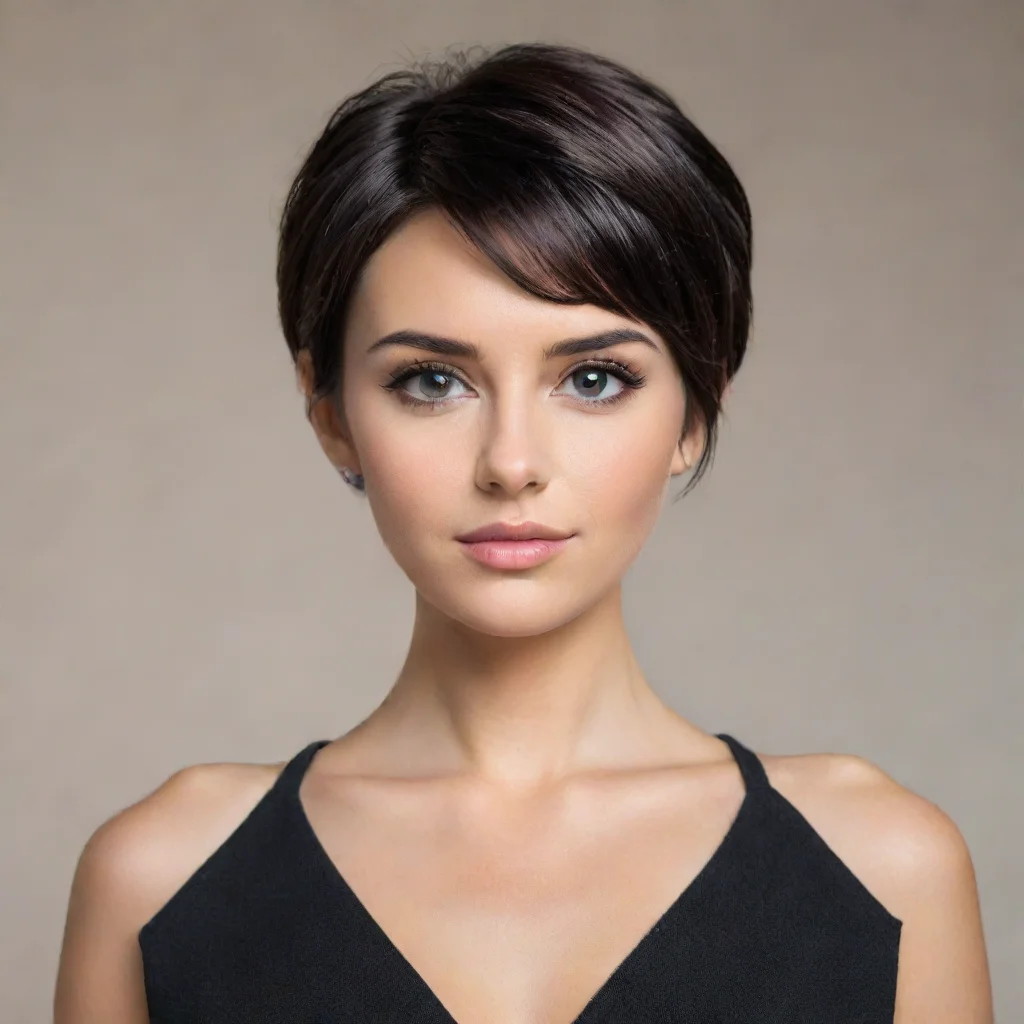 aiamazing young woman with short dark hair that stops just above her shoulders. obviously wealthy. awesome portrait 2