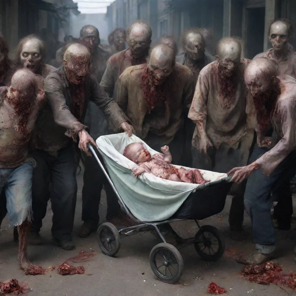 aiamazing zombies surrounding a human newborn baby in a pram awesome portrait 2