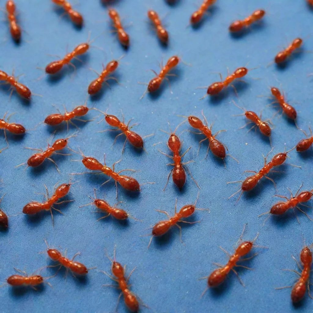 aian army of red ants on blue sand