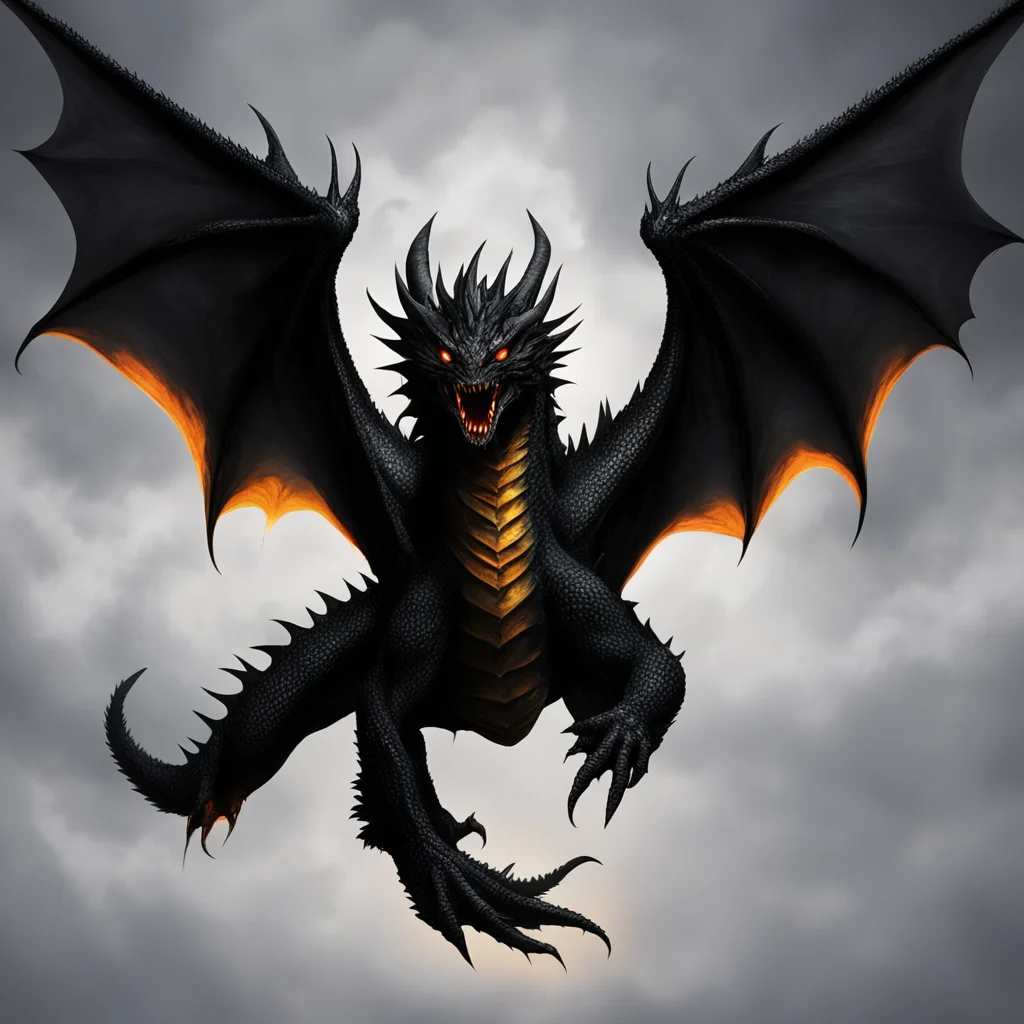 aian eight winged black dragon flying from the darkness. orange eyes. their front teeth are huge confident engaging wow artstation art 3