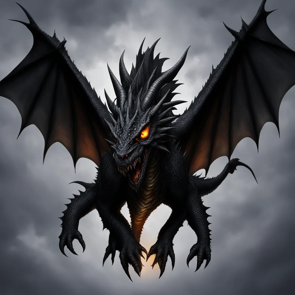 an eight winged black dragon flying from the darkness. orange eyes. their front teeth are huge