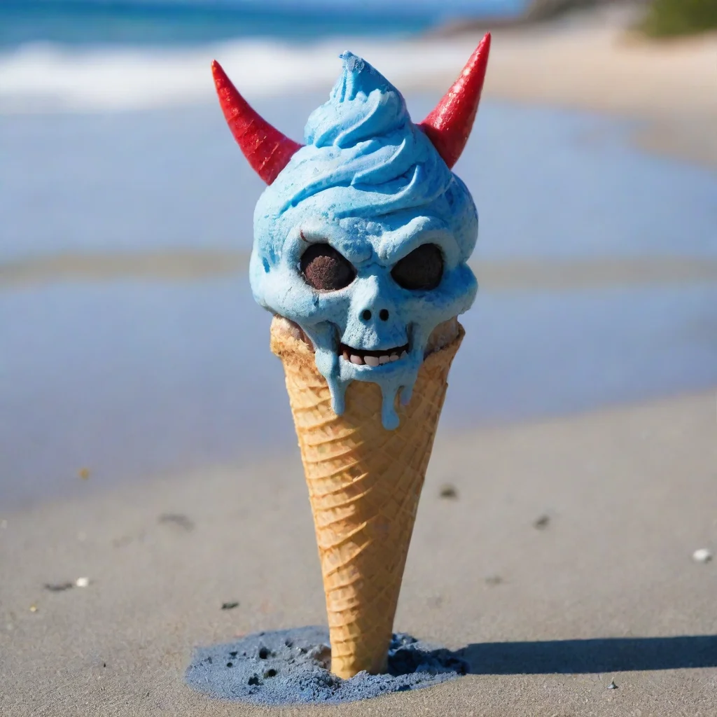 aian icecream cone with the devils head melting on blue sand