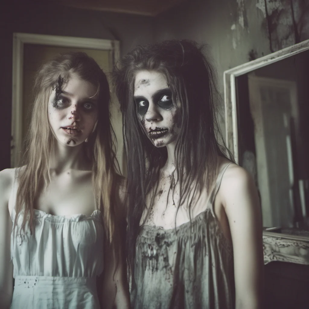 aian innocent clean girl   18 yo   posing with her  zombie girlfriend   wet messy hair  pale skin  in front of mirror   haunted house   uncanny   polaroid style amazing awesome portrait 2