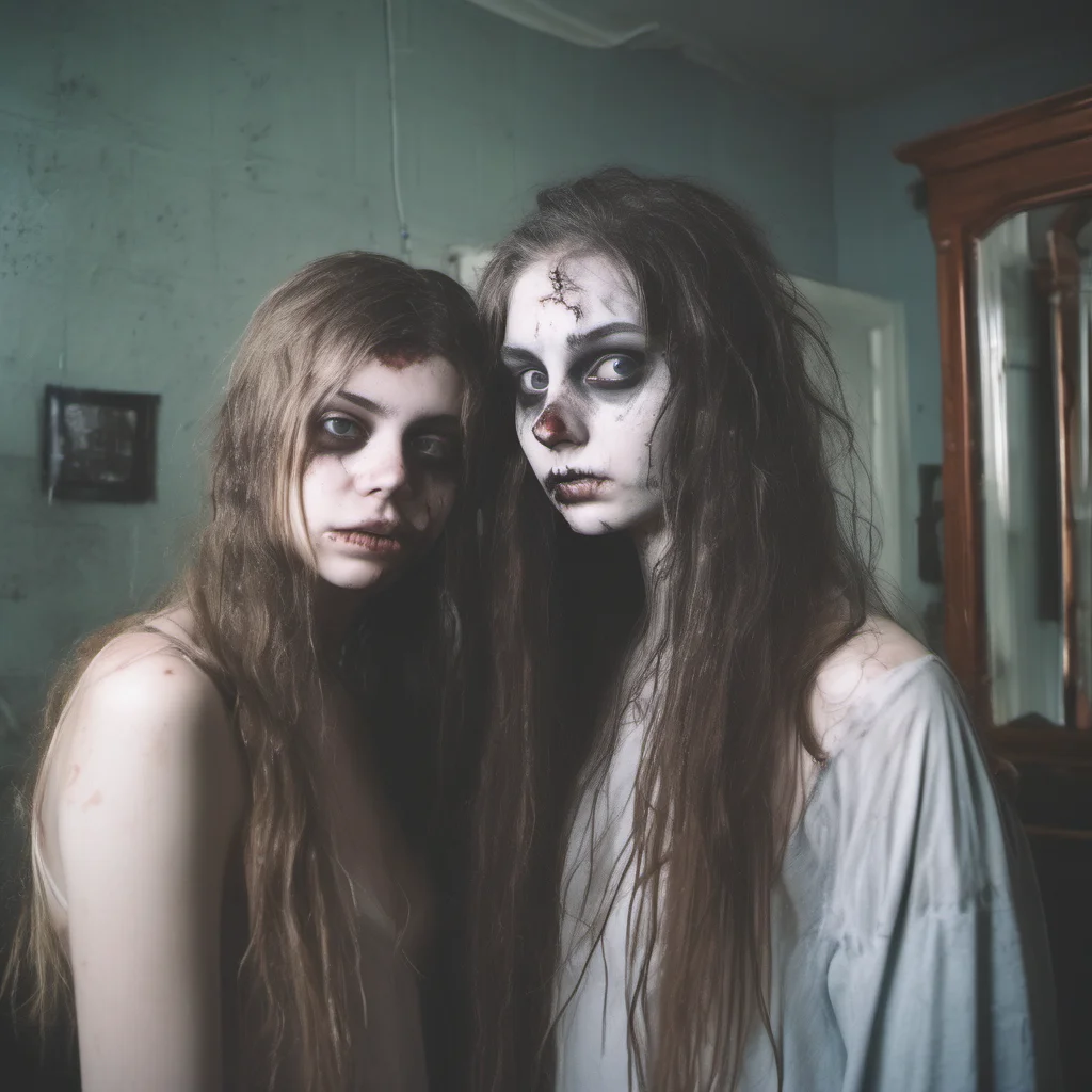 aian innocent clean girl   18 yo   posing with her  zombie girlfriend   wet messy hair  pale skin  in front of mirror   haunted house   uncanny   polaroid style good looking trending fantastic 1