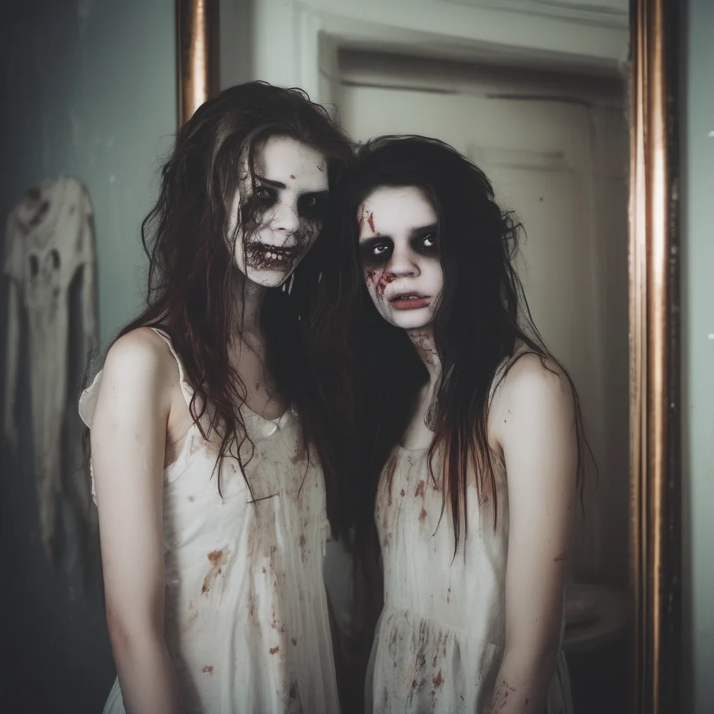 aian innocent clean girl   18 yo   posing with her  zombie girlfriend   wet messy hair  pale skin  in front of mirror   haunted house   uncanny   polaroid style
