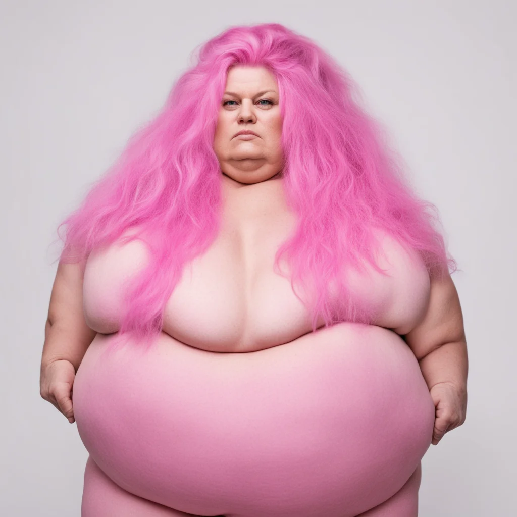 an obese woman with long pink hair and a bmi of 53