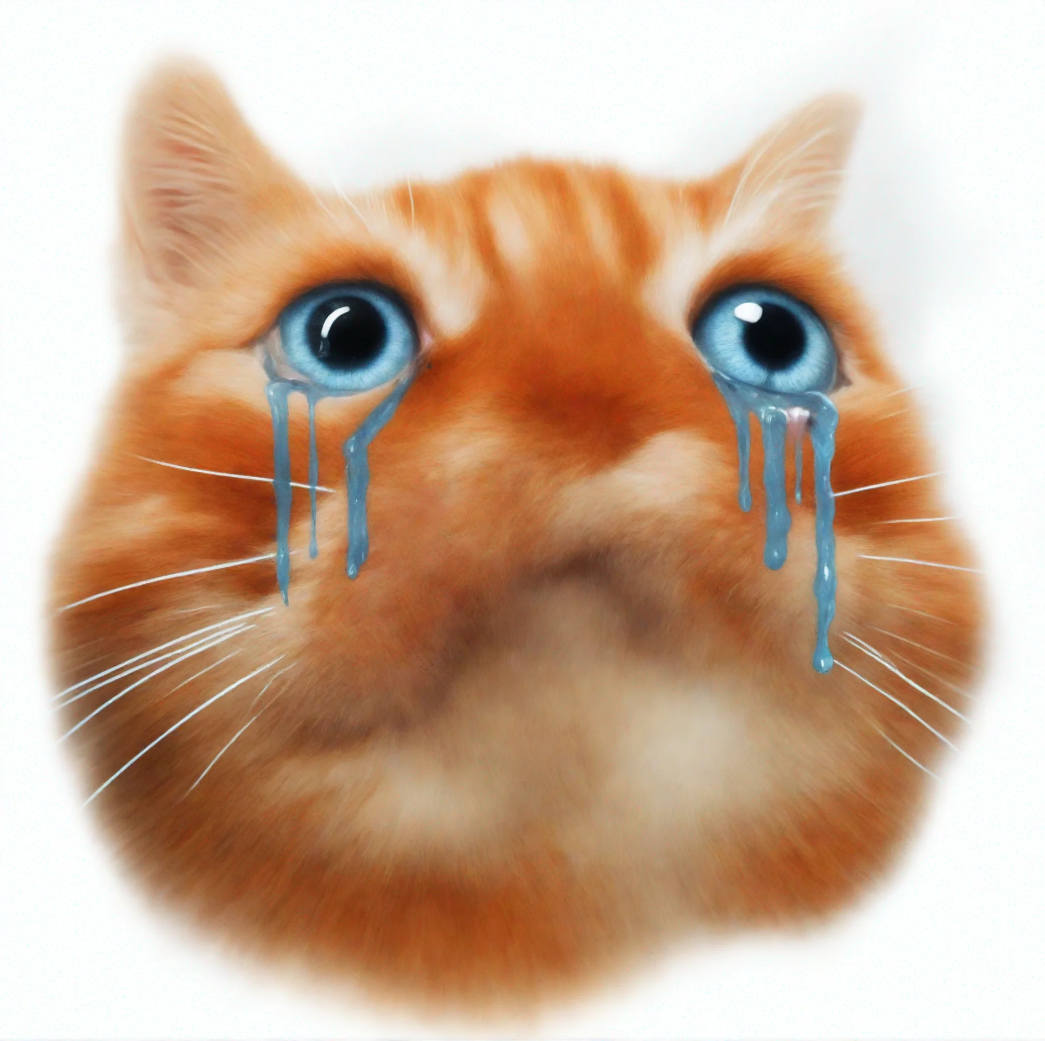 aian orange cat is crying blue tears down its face