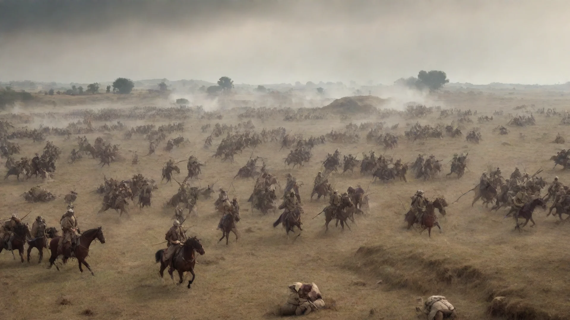 aiancient battlefield with soldiers preparing for war wide