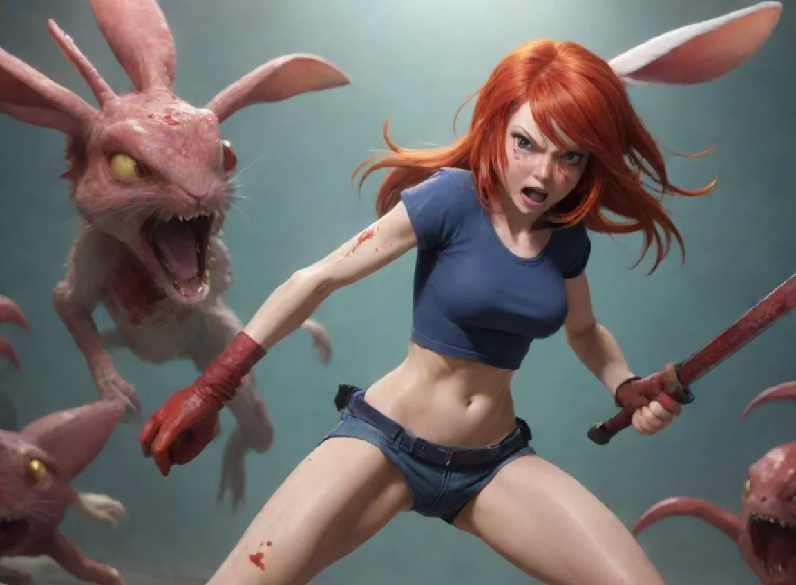 aiangry female anthro rabbit tomboy redhead bloody fighting against alien squids hd landscape43