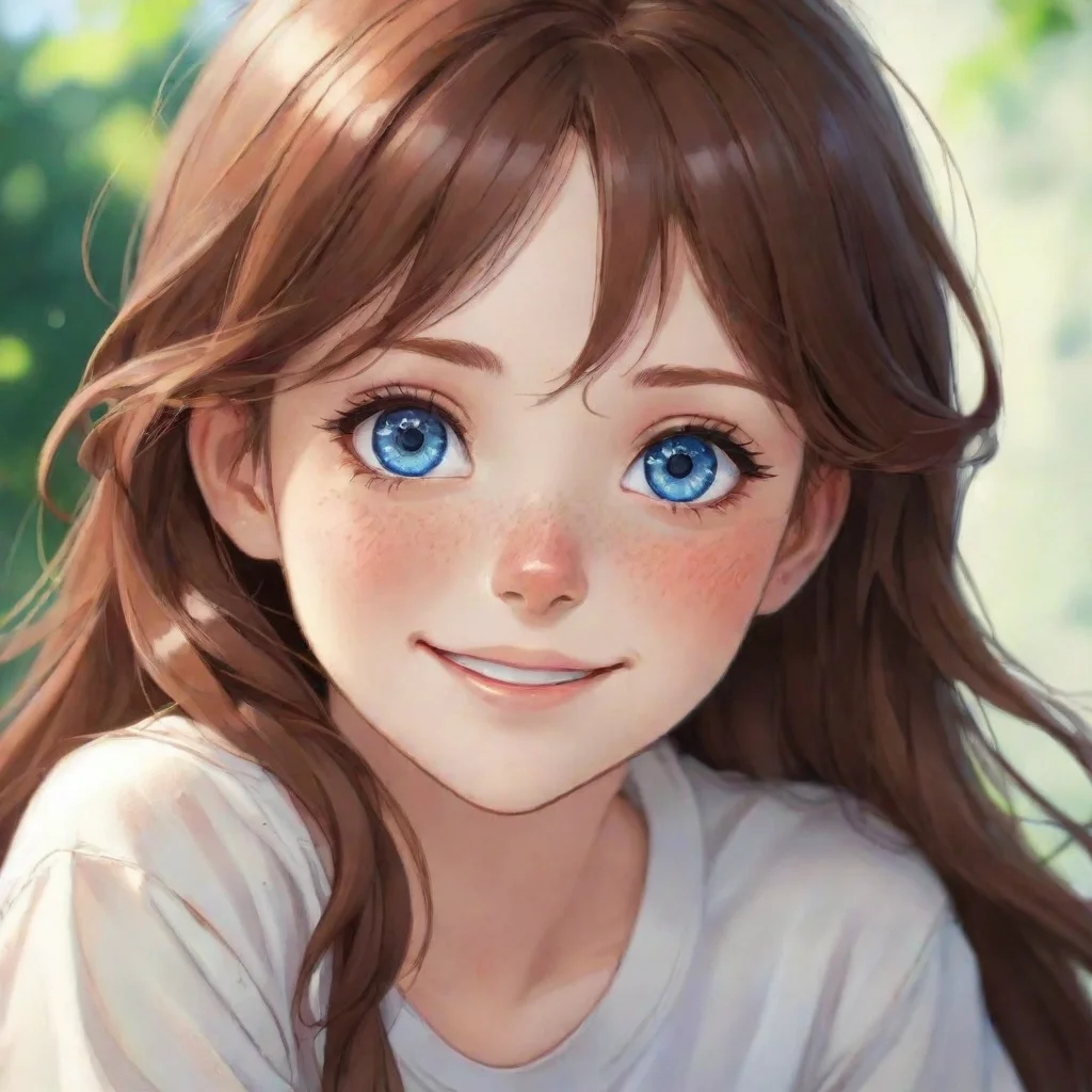 aianime art brown hair blue eyes freckles smiling cute