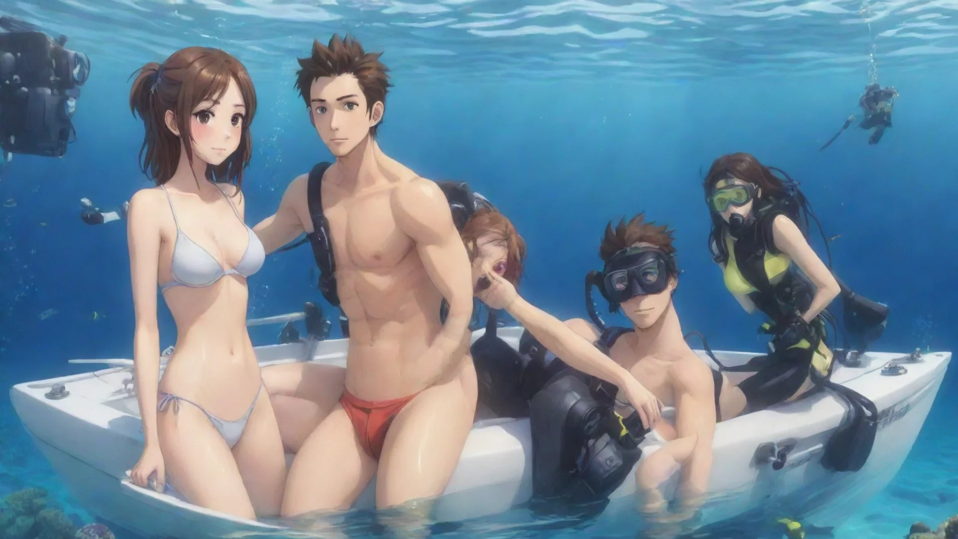 aianime cartoon girl in bikini with her boyfriend in a boat scuba getting ready to scuba dive hdwidescreen