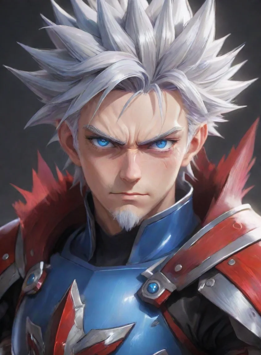 aianime character hd grey hair colorful red armor blue eyes spiky hair epic male character masuline hero art artstation hd portrait43