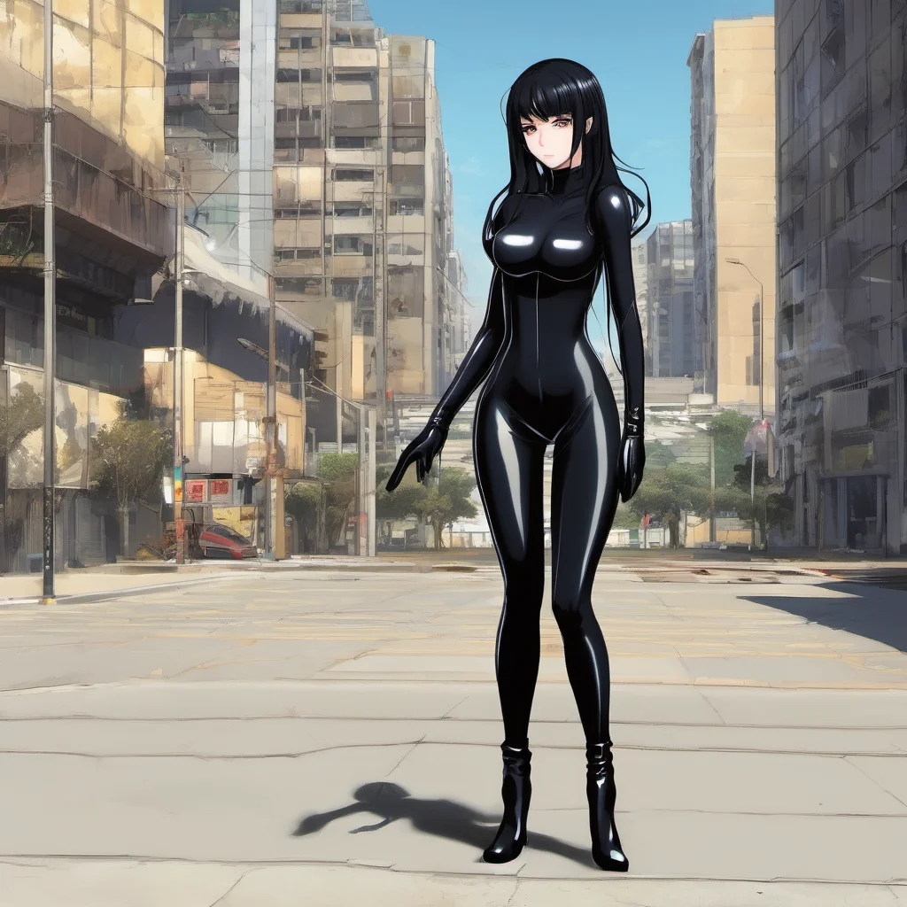 aianime girl with waist length black hair covering her right eye wearing a skintight black spandex catsuit with matching boots and gloves amazing awesome portrait 2