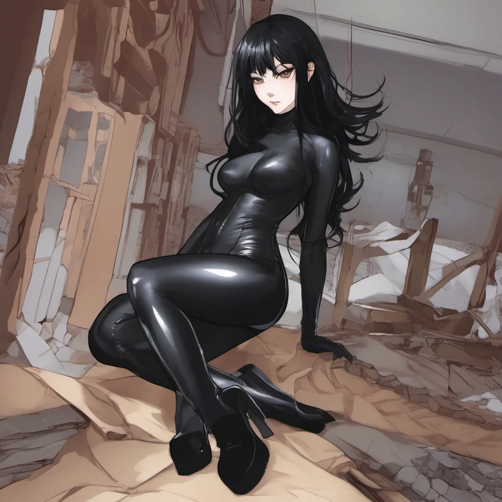 aianime girl with waist length black hair covering her right eye wearing a skintight black spandex catsuit with matching boots and gloves confident engaging wow artstation art 3