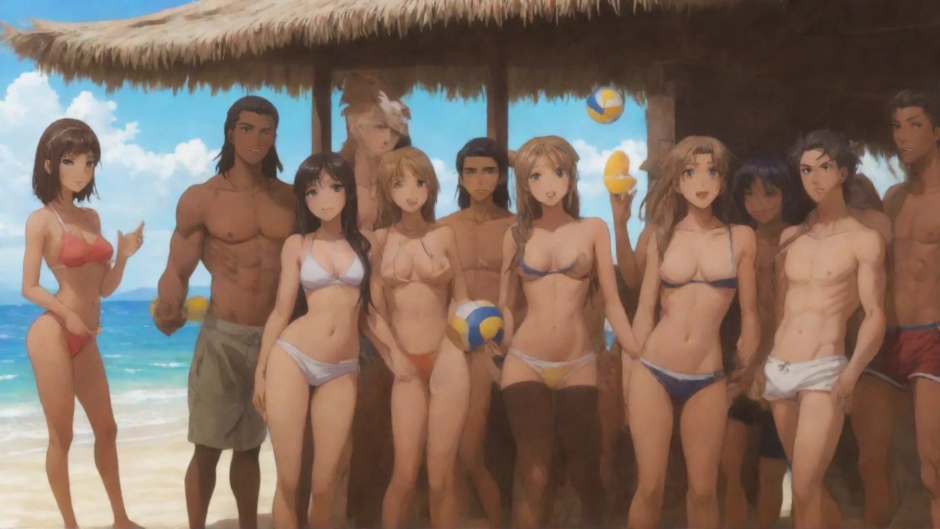 aianime girls and guys playing volleyball on the beach