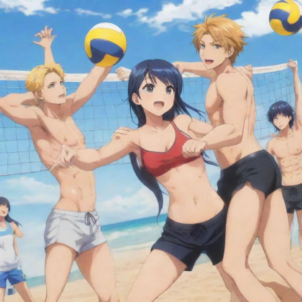aianime guys and girls playing beach volleyball