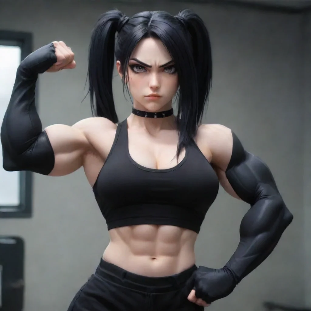 anime hd aesthetic Muscular goth girl flexing her biceps please As you wish dear reader realistic I am Lady Lesso The Dean for evil You are the reader hm