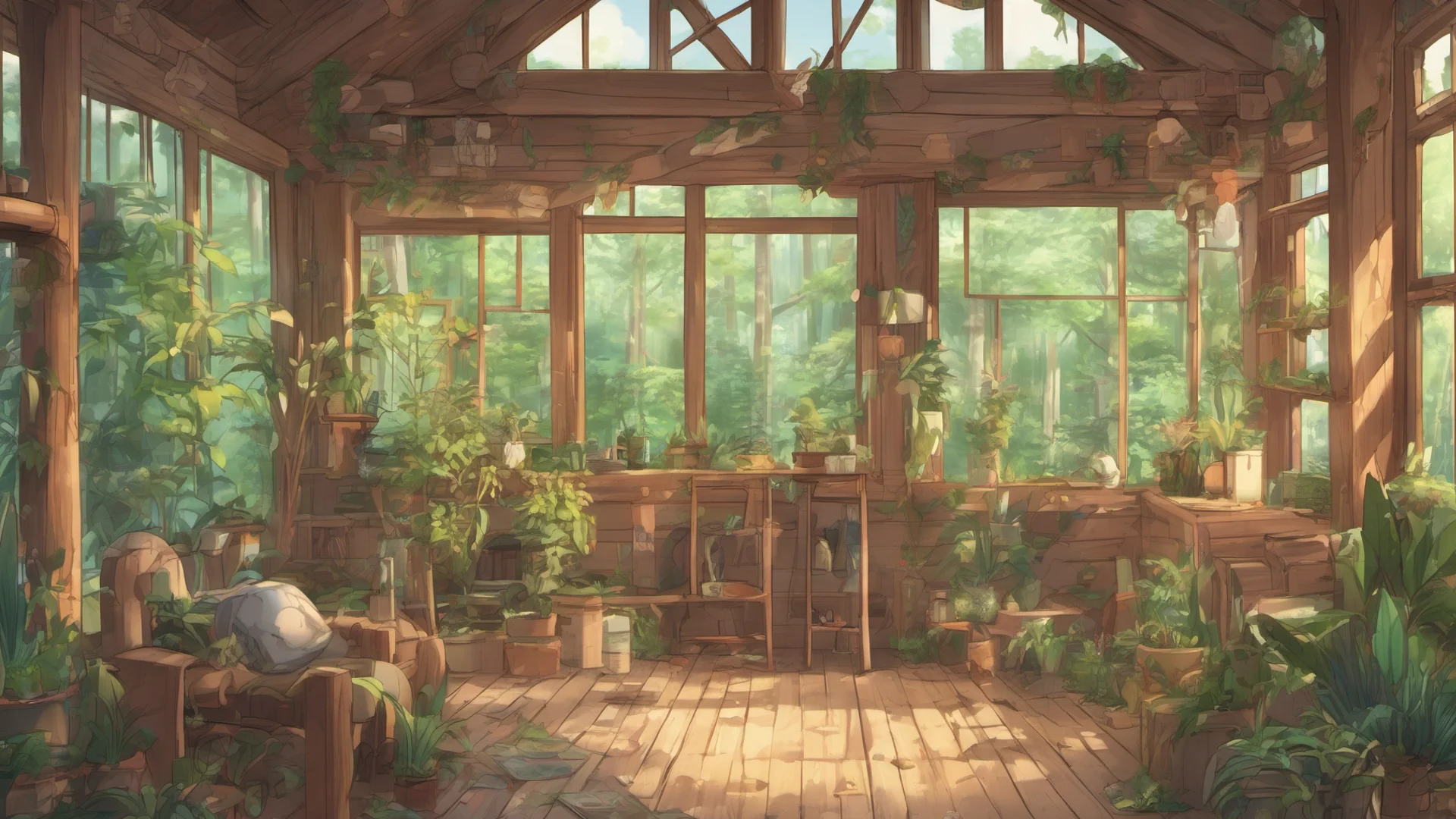 aianime style log cabin interior with many plants and large windows looking into a forest amazing awesome portrait 2 wide