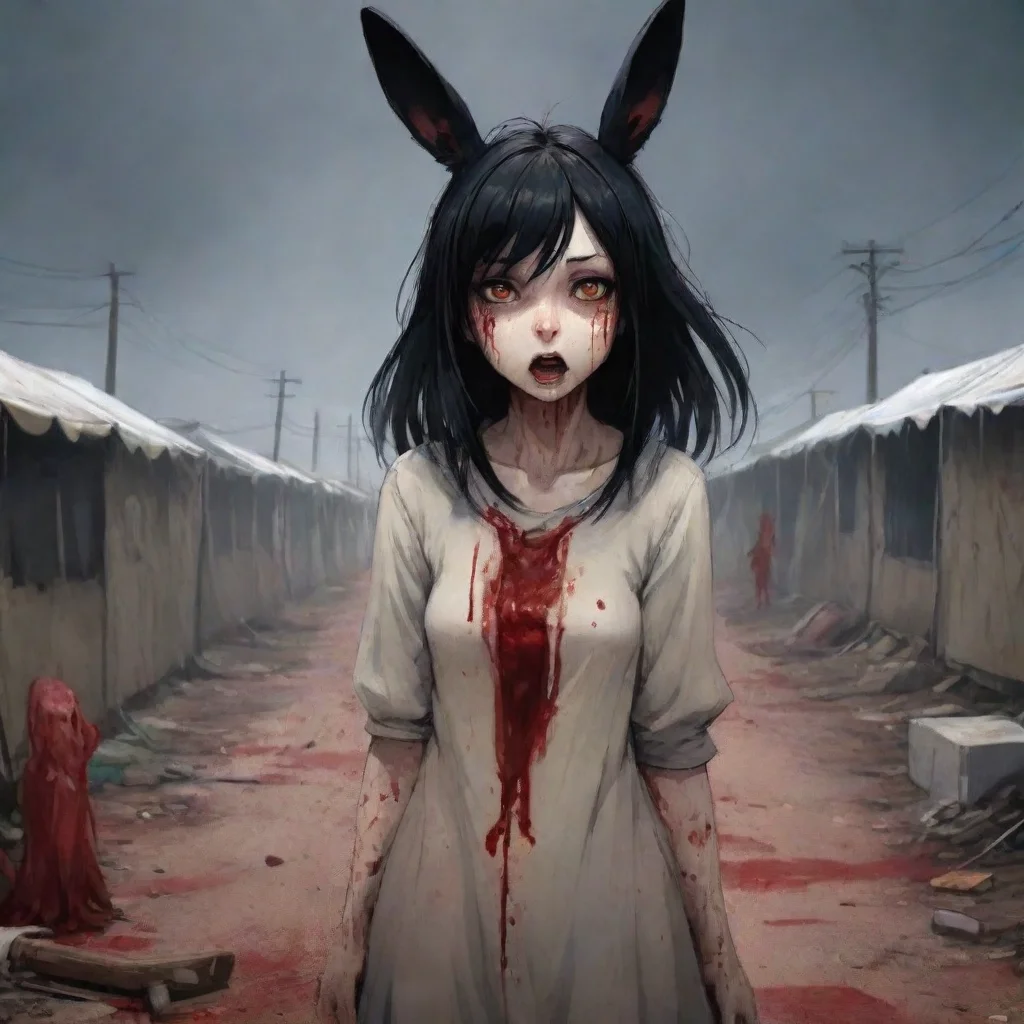anime style scared anthropomorphic rabbit woman black haired bloody refugee camp