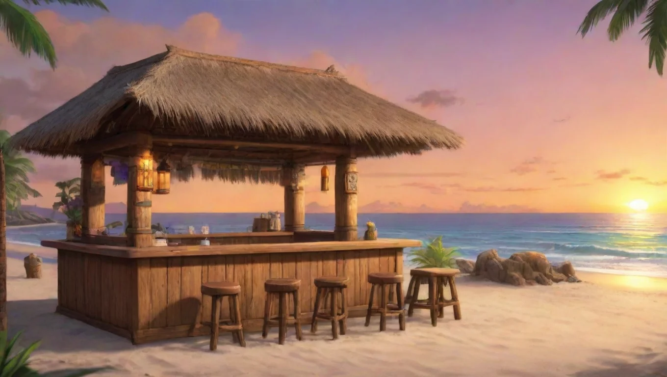 aianime tiki bar by the beach at sunset widescreen
