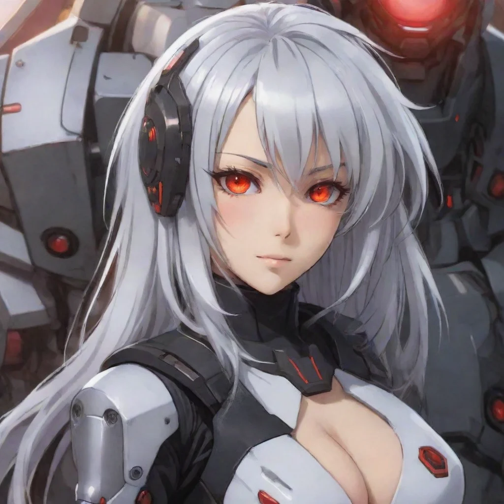 aianime woman red eyes mecha pilot silver hair smirking
