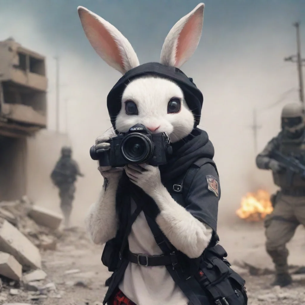 anthropomorphic emo rabbit woman with camera in a warzone anime style
