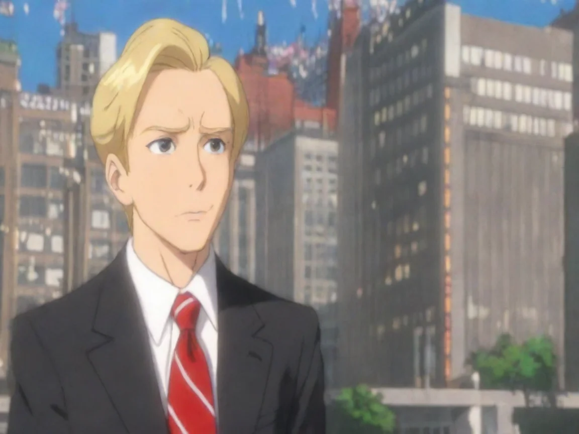 aiartistic anime character mayor in suit and red tie blonde hair epic tv interview city backdrop