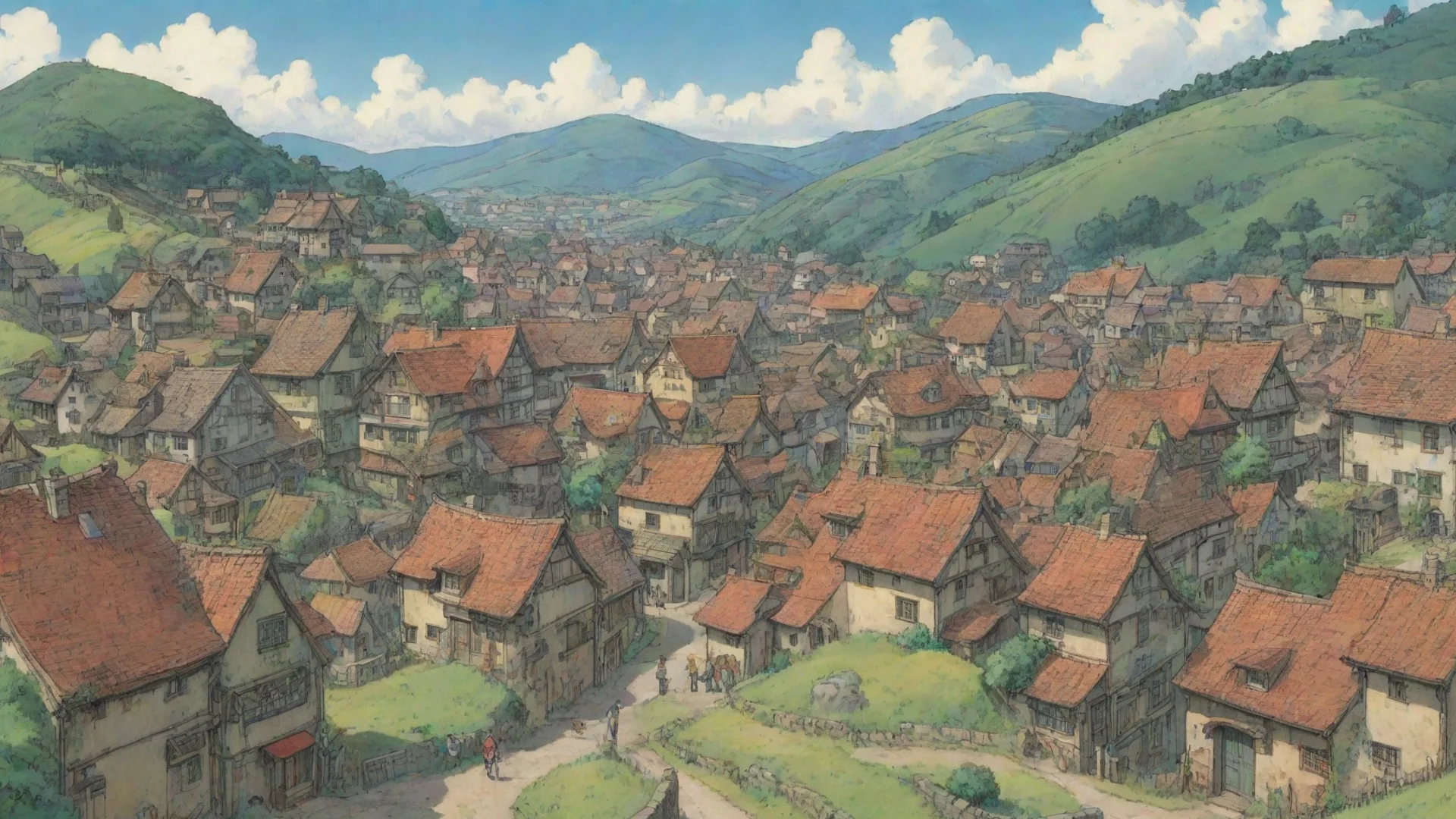 aiartistic comic book ghibli rolling hills town  hdwidescreen