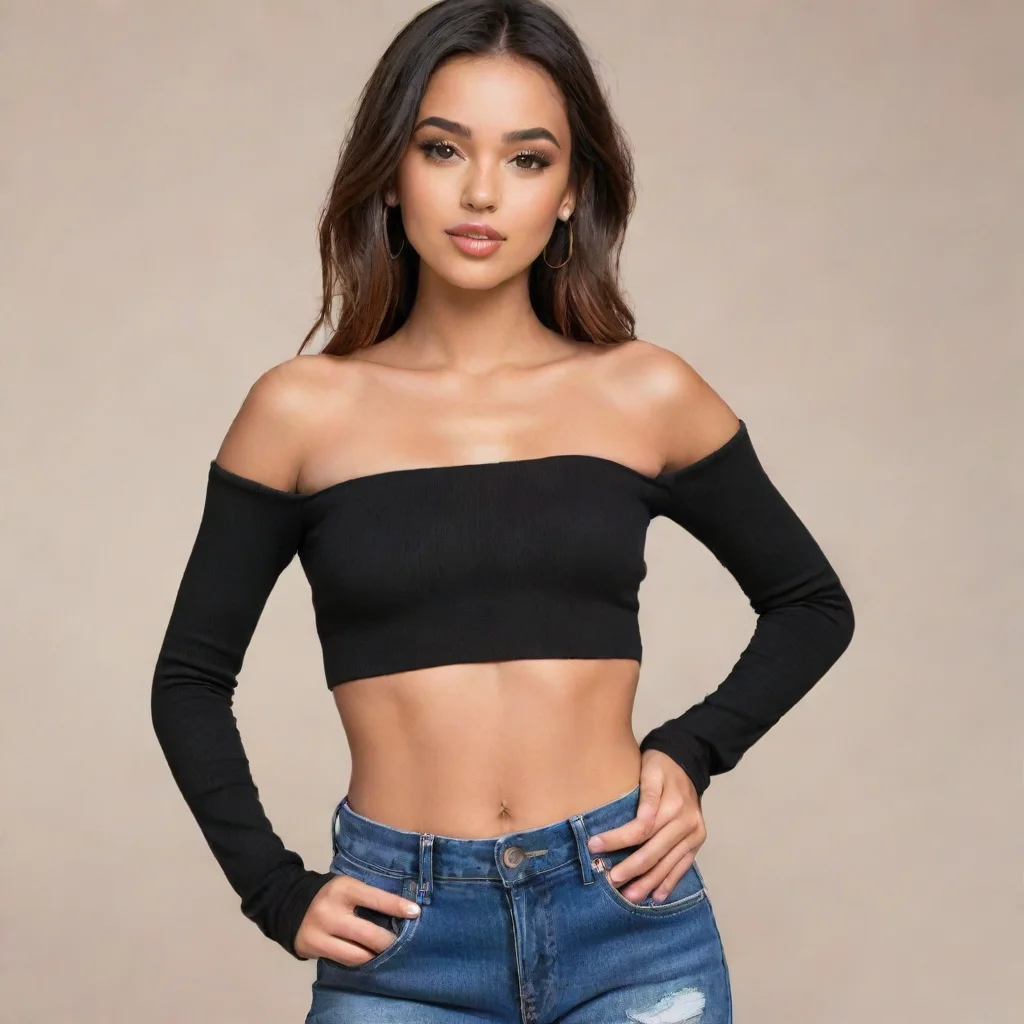 aiartstation art  long sleeve black strapless ribbed tube top that only exposed her ribs and the belly in between her ribs. confident engaging wow 3