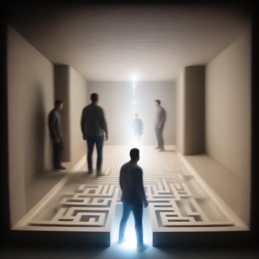 aiartstation art  maze with men in front of footspets with light guiding him confident engaging wow 3