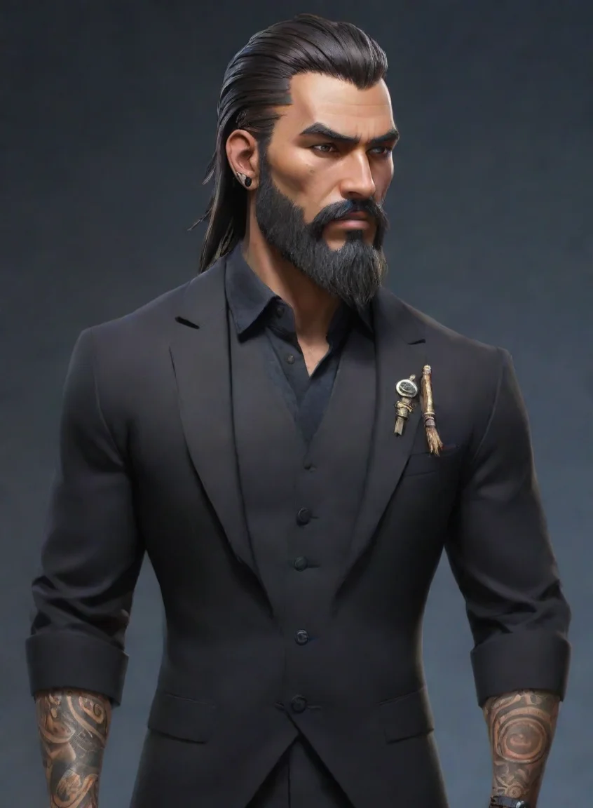 aiartstation art 1800 dark gothic feel anime character pacific maori tanned skin suit with tails beard realism hd confident engaging wow 3 portrait43
