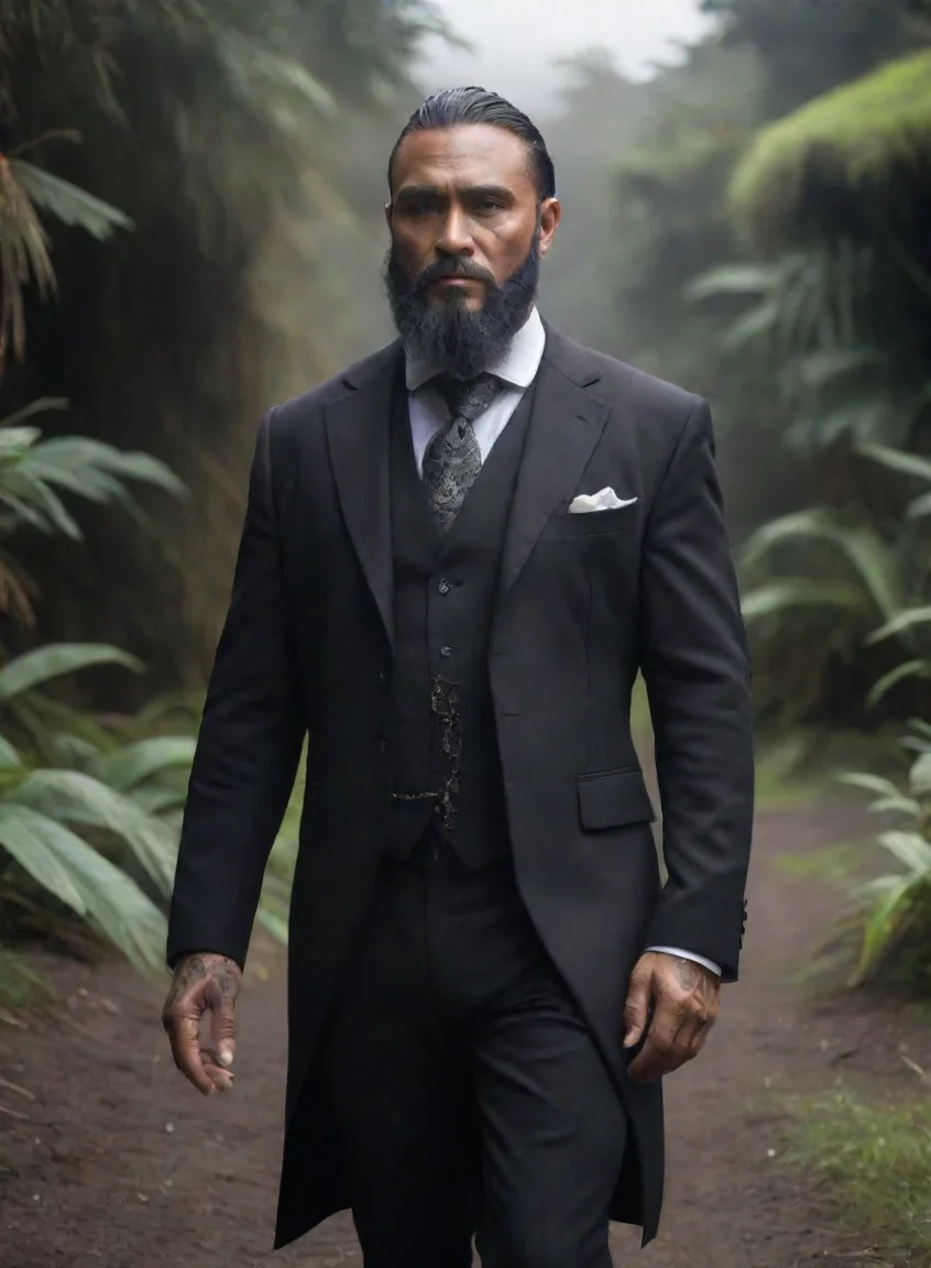 aiartstation art 1800 dark gothic feel character  maori tanned skin suit with tails beard realism hd film still dramatic background olden days confident engaging wow 3 portrait43