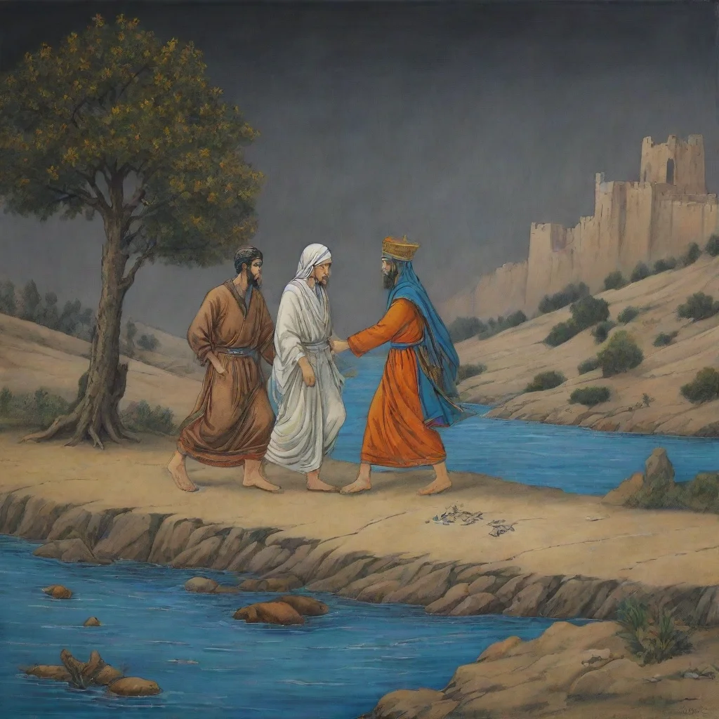 aiartstation art 2 young man with one woman crossing from riverwith shahnameh design art dark confident engaging wow 3