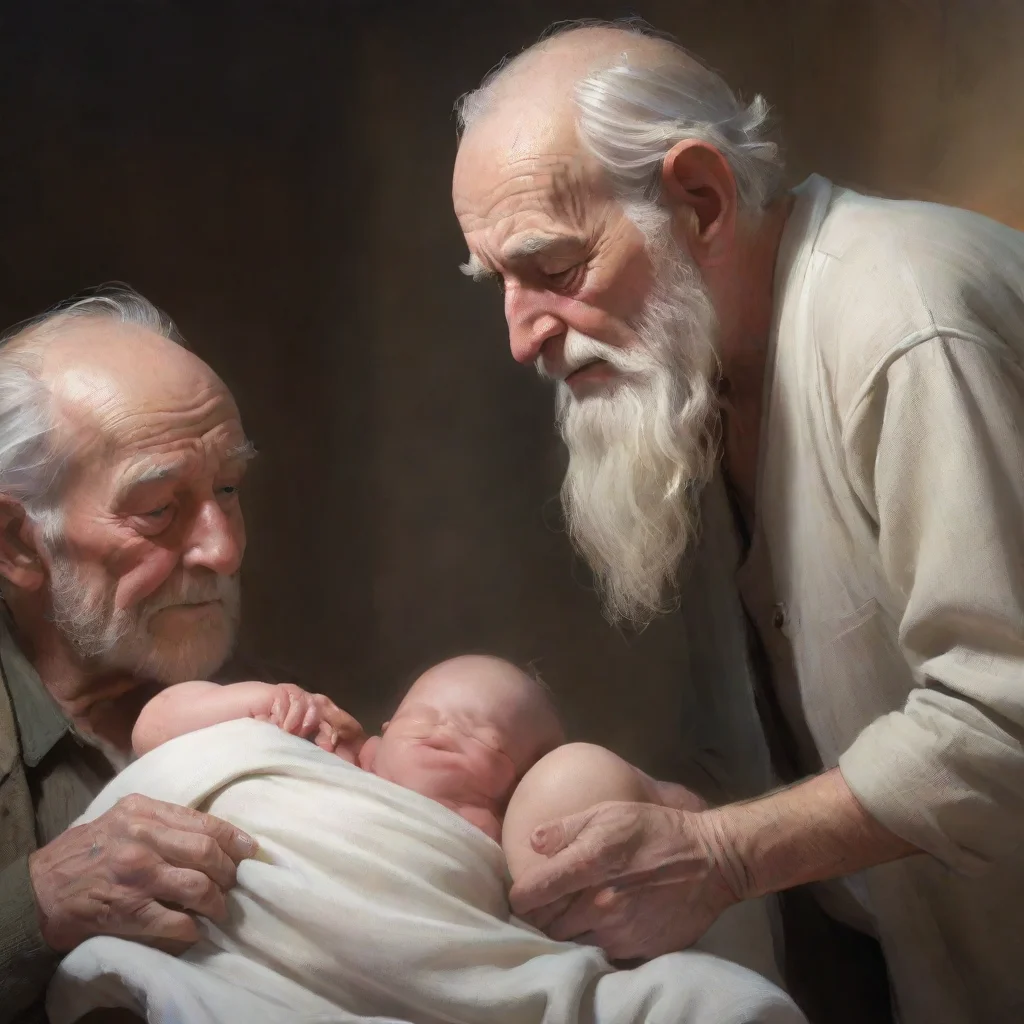 aiartstation art 3 old men looking at a newborn baby confident engaging wow 3