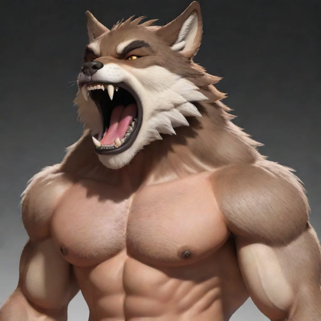 aiartstation art a animated male shirtless buff wolf furry open mouth  confident engaging wow 3