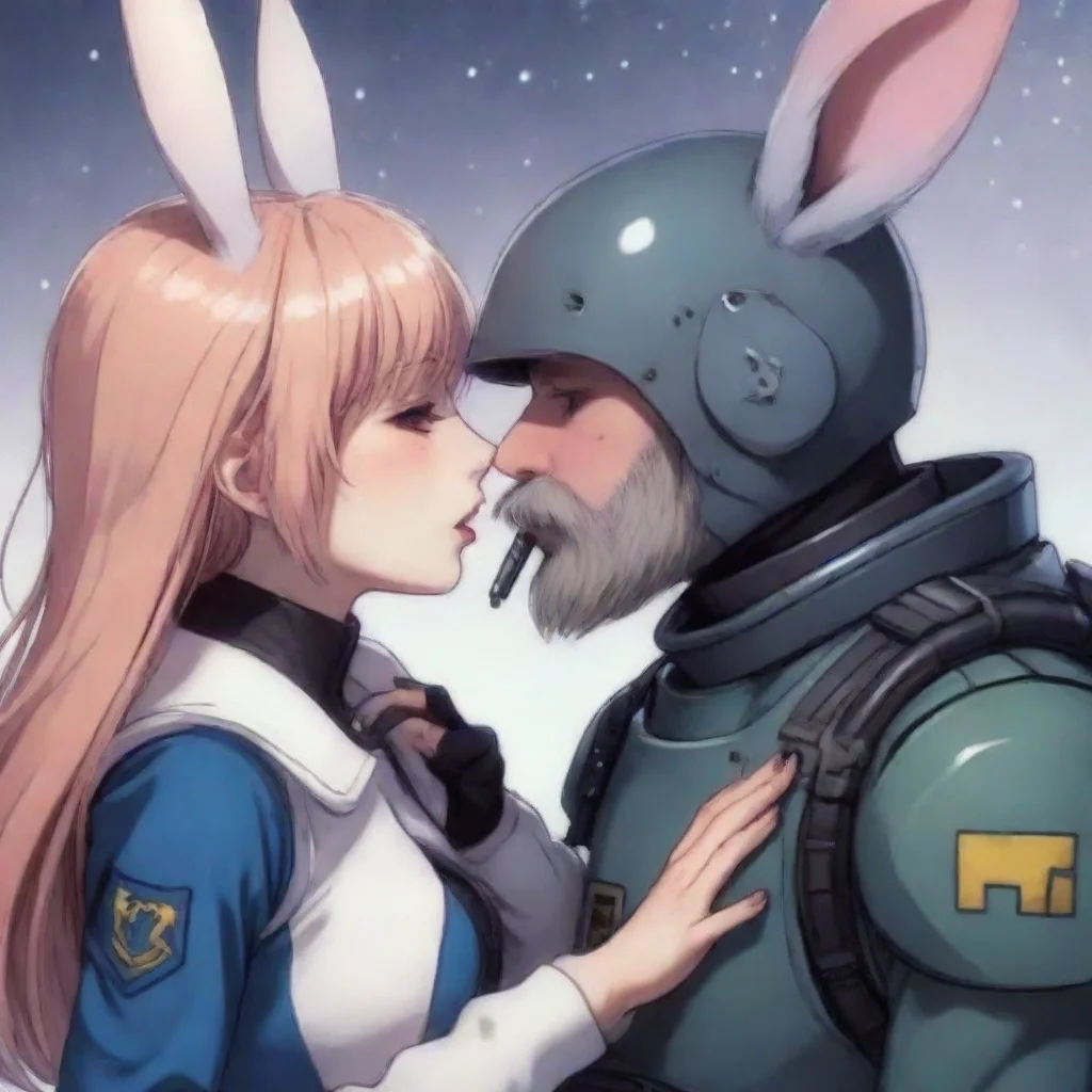 aiartstation art a anime style anthropomorphic emo rabbit woman kissing a swedish space soldier man with a beard hd confident engaging wow 3