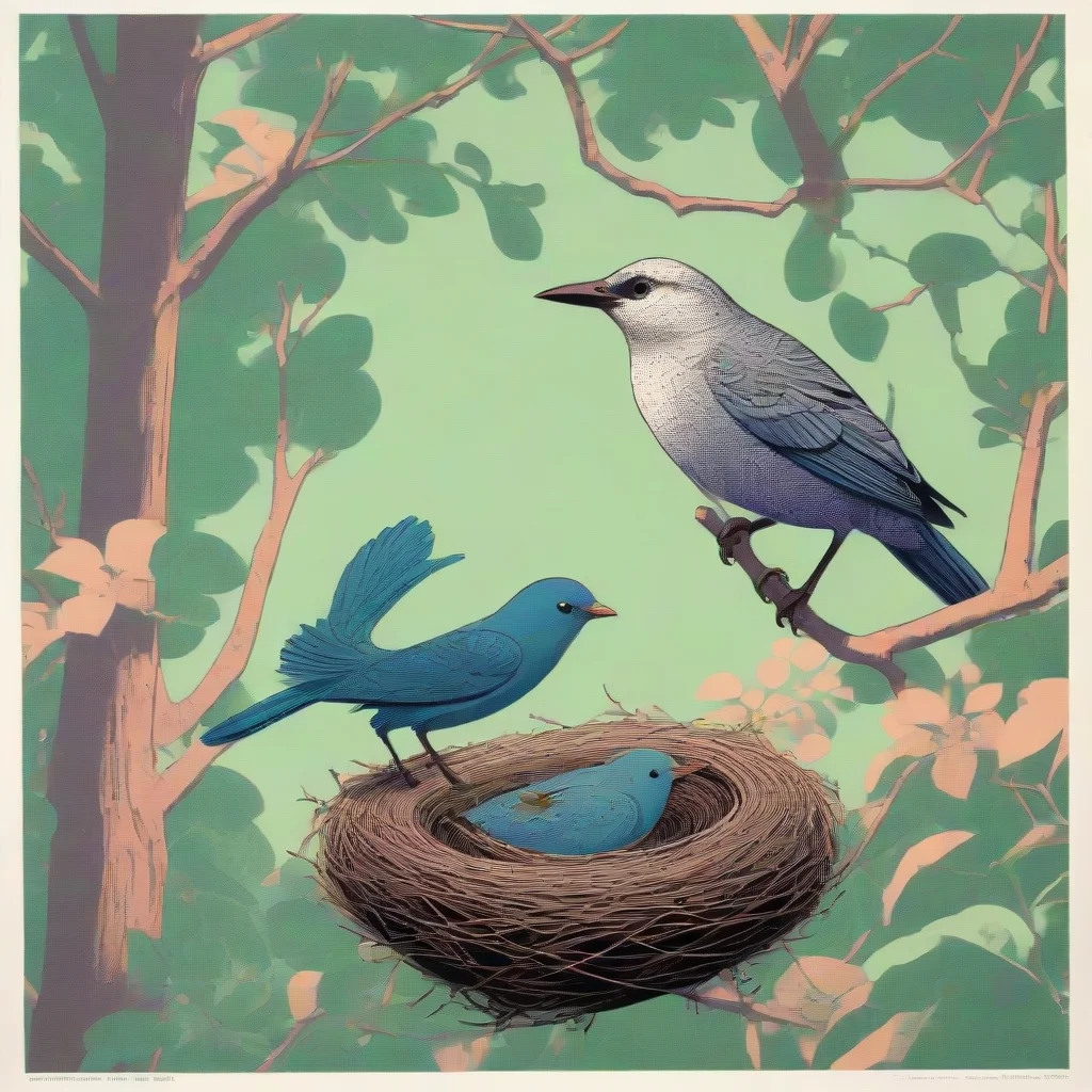 aiartstation art a bird on a branch next to a nest in a lush tree in beautiful nature  risograph  in the style of chris ware ar 54 confident engaging wow 3