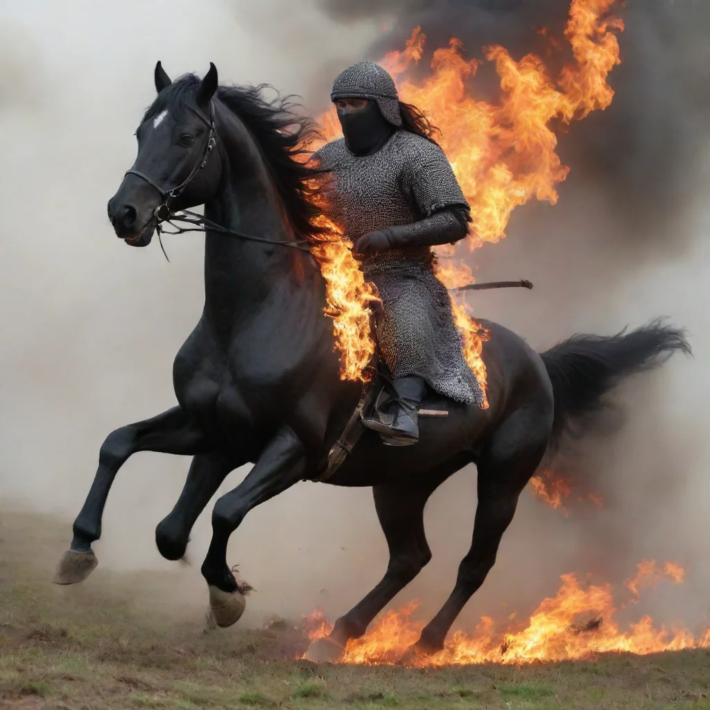 aiartstation art a black horse wearing chainmail coiffe running through fire confident engaging wow 3
