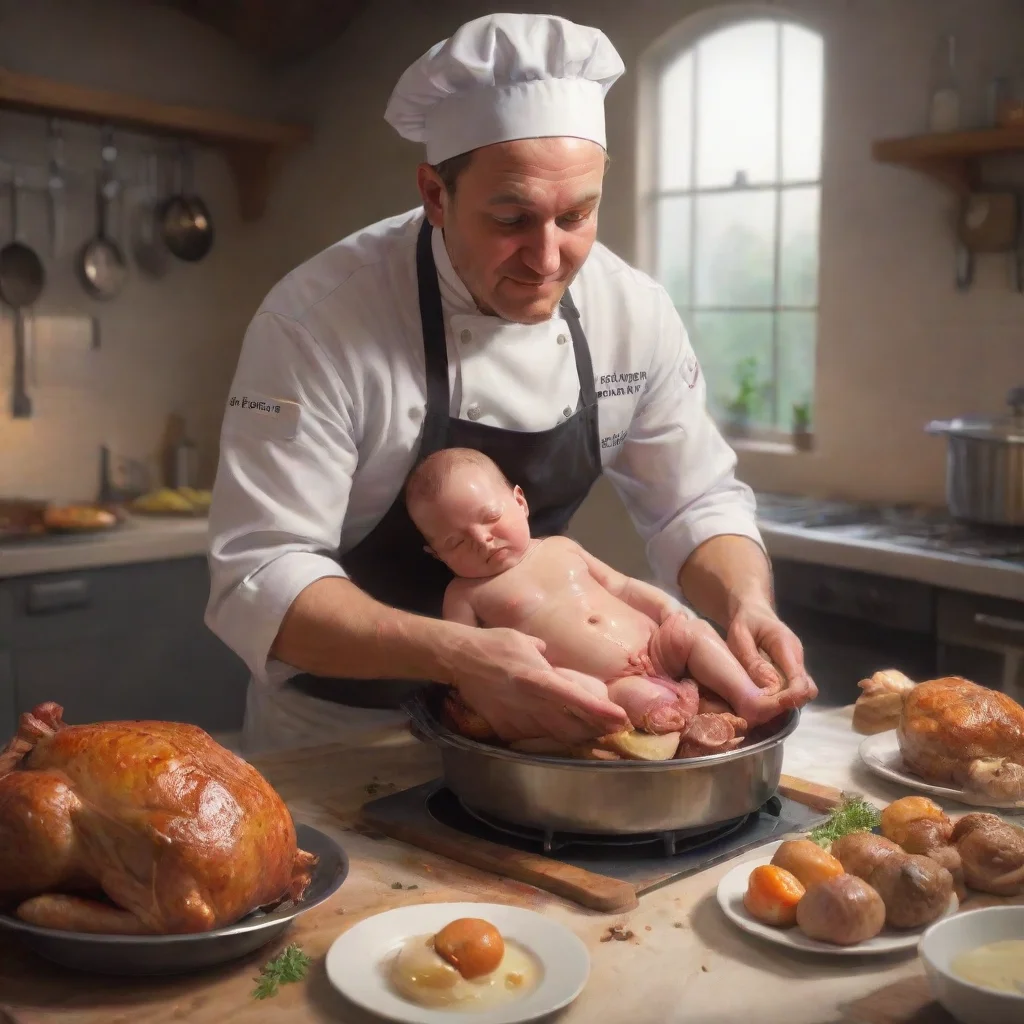 aiartstation art a chef preparing a newborn baby as a roast dinner confident engaging wow 3