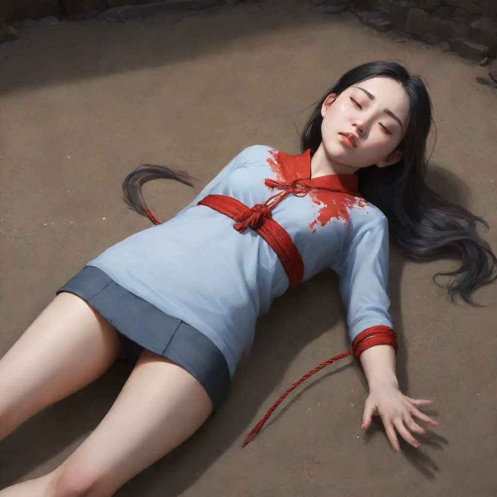 aiartstation art a chinese girl aged 15. a thick noose is around her neck tightly.she closed her eyes.there is blood on her chest confident engaging wow 3