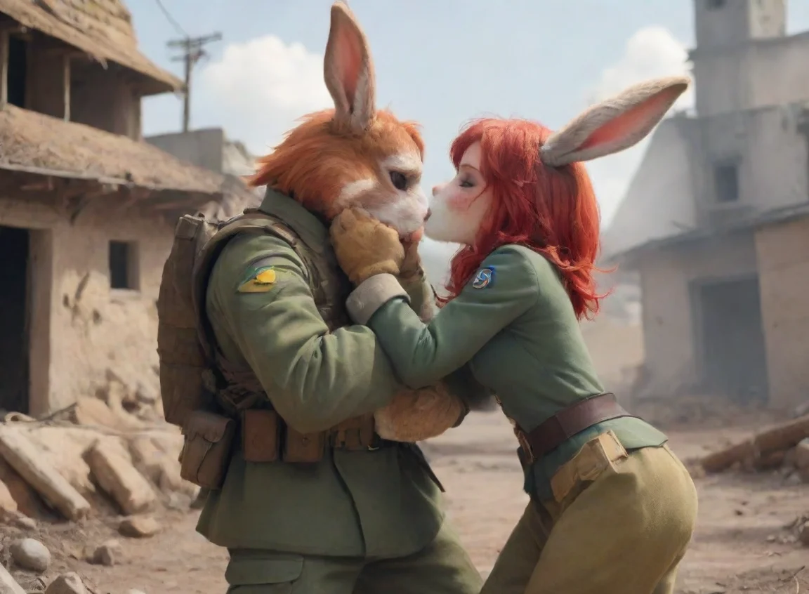 aiartstation art a female anthro bunny tomboy redhead and a male bearded swedish soldier kissing in a warzone confident engaging wow 3 landscape43
