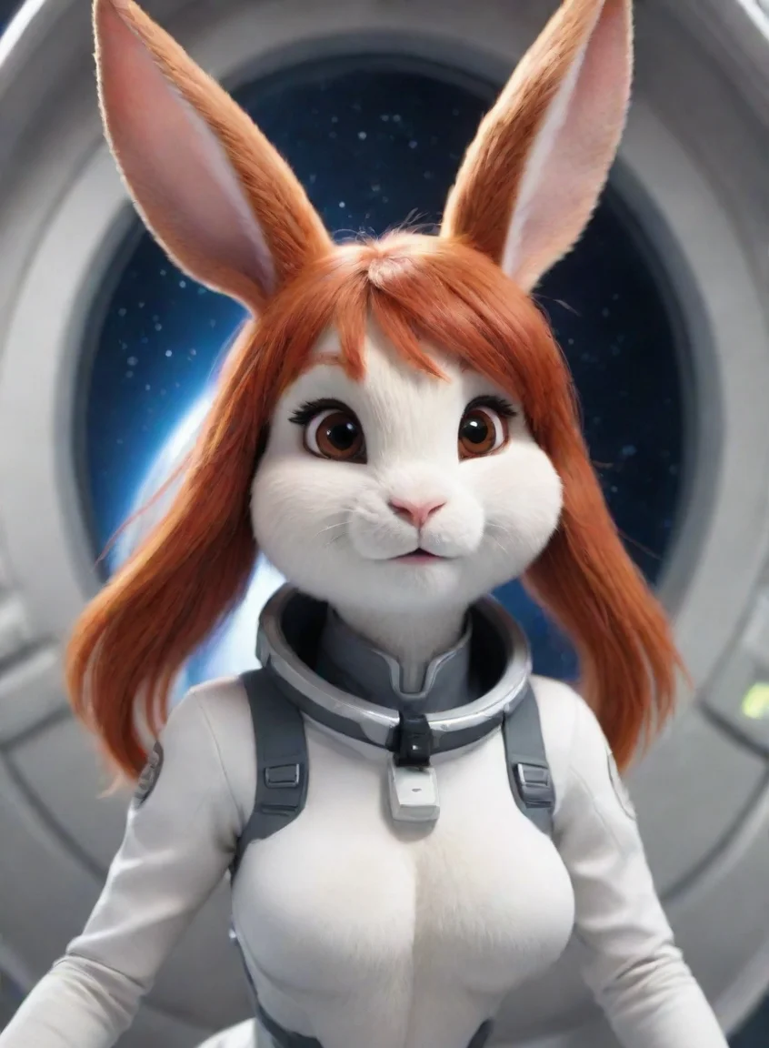 aiartstation art a female anthro furry rabbit redhead looking into camera love romantic spaceship hd confident engaging wow 3 portrait43