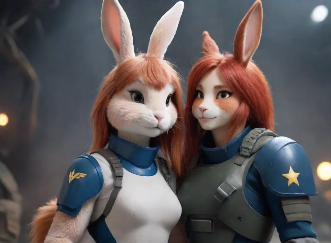 aiartstation art a female anthro furry rabbit redhead with a male human swedish space soldier with beard in a warzone romantic hd confident engaging wow 3 landscape43